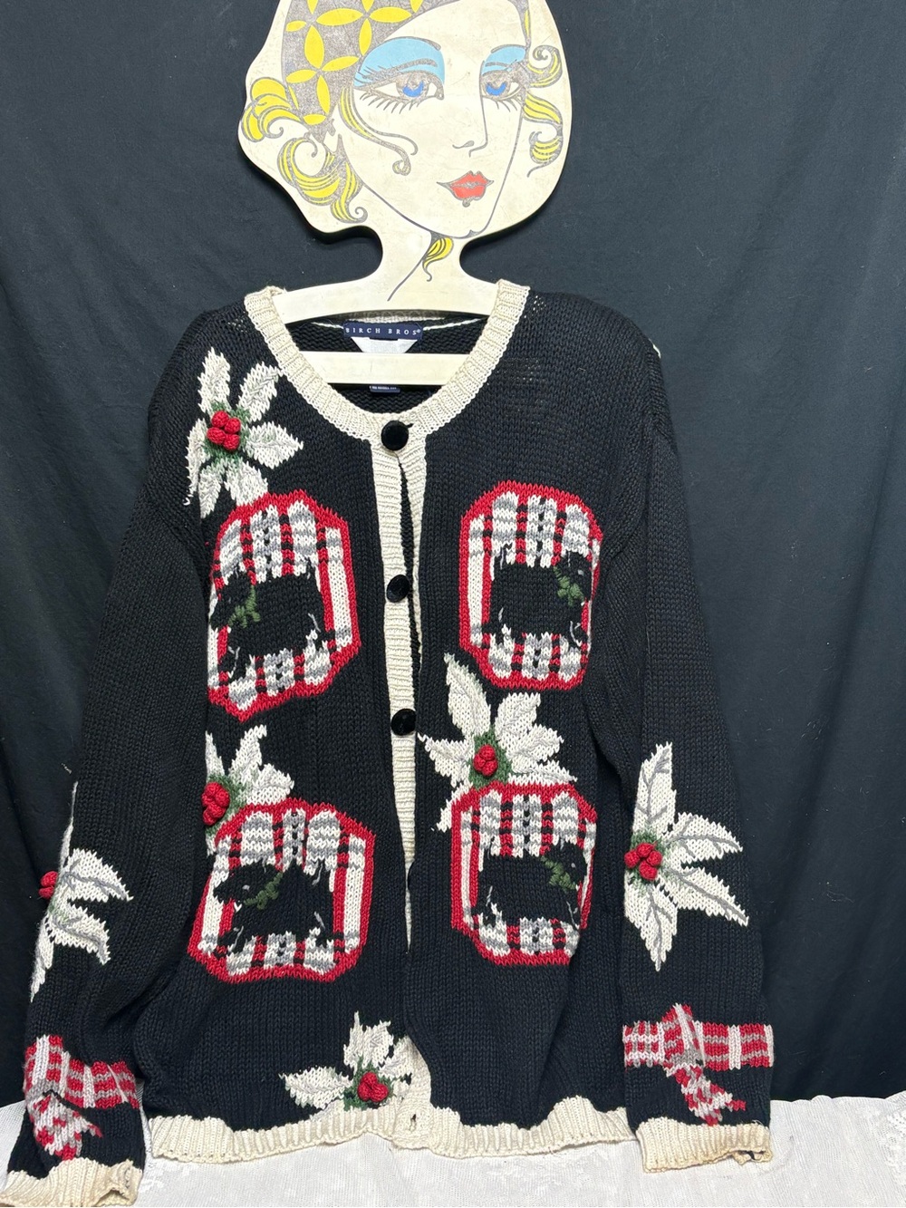 VTG 90s Birch Bros Christmas Cardigan Sweater Scottie Dog L
